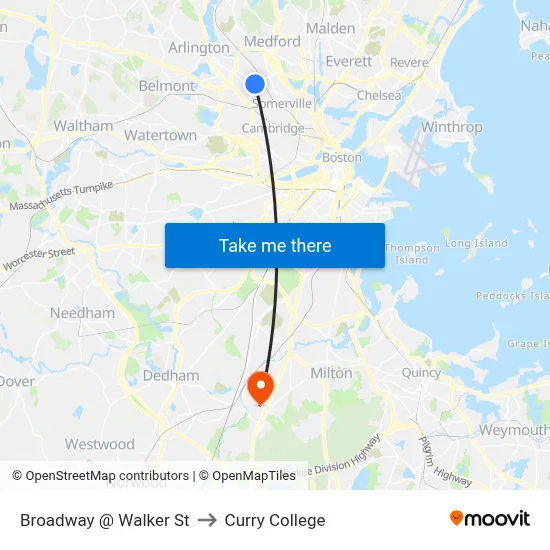Broadway @ Walker St to Curry College map