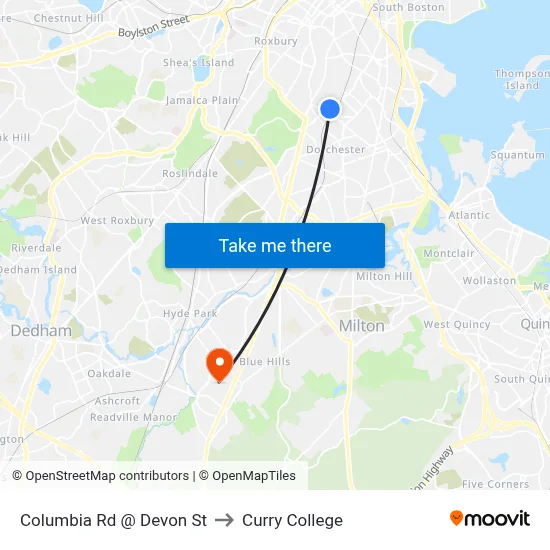 Columbia Rd @ Devon St to Curry College map