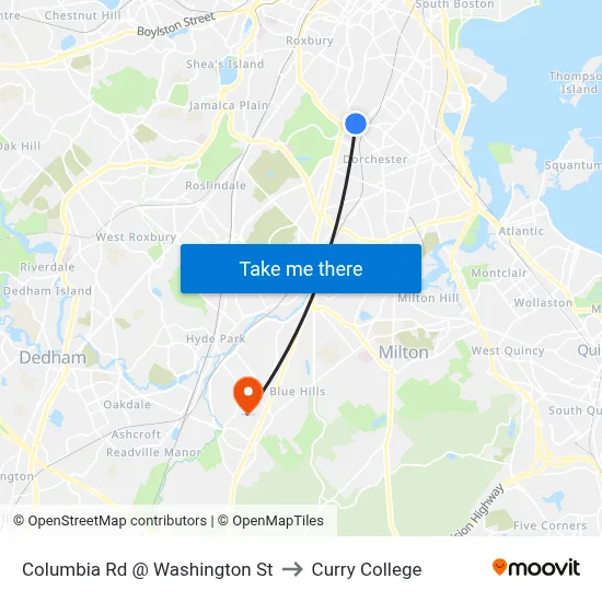 Columbia Rd @ Washington St to Curry College map