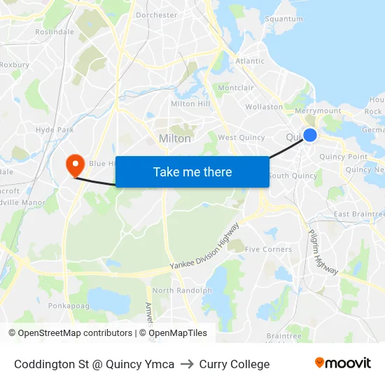 Coddington St @ Quincy Ymca to Curry College map