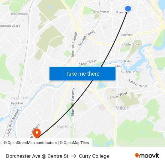 Dorchester Ave @ Centre St to Curry College map