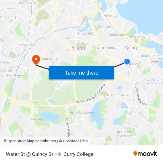 Water St @ Quincy St to Curry College map