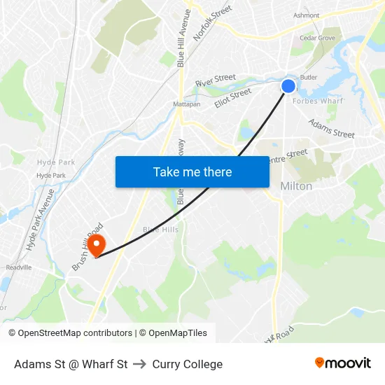 Adams St @ Wharf St to Curry College map
