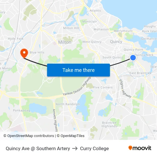 Quincy Ave @ Southern Artery to Curry College map