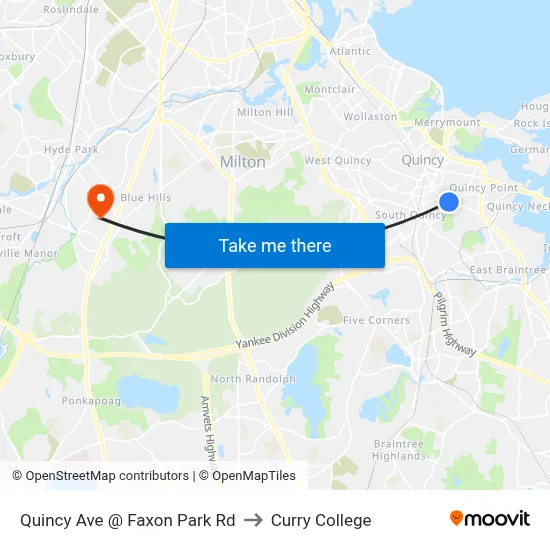 Quincy Ave @ Faxon Park Rd to Curry College map