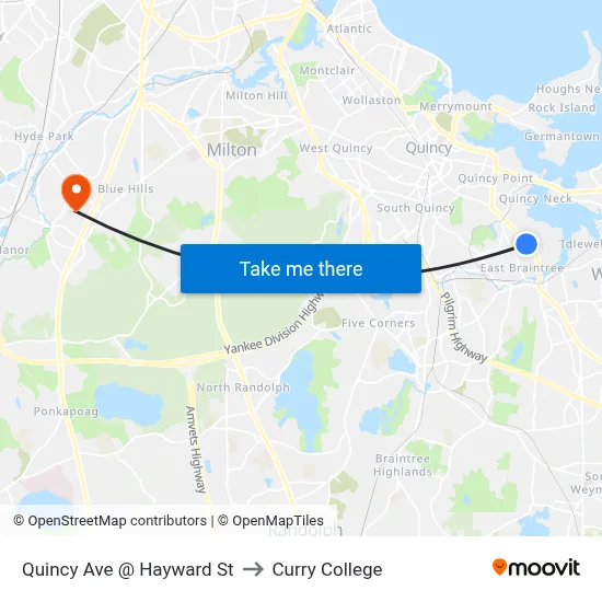 Quincy Ave @ Hayward St to Curry College map