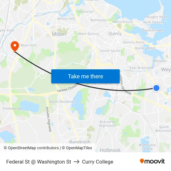 Federal St @ Washington St to Curry College map