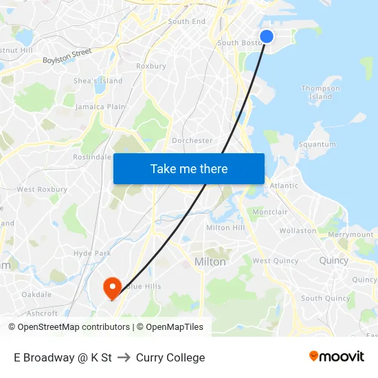 E Broadway @ K St to Curry College map