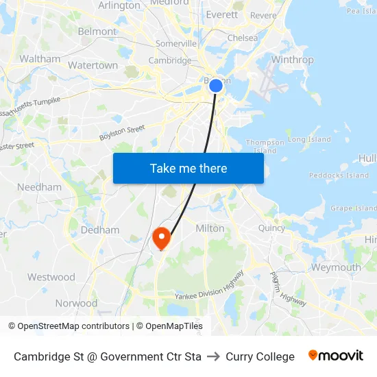 Cambridge St @ Government Ctr Sta to Curry College map