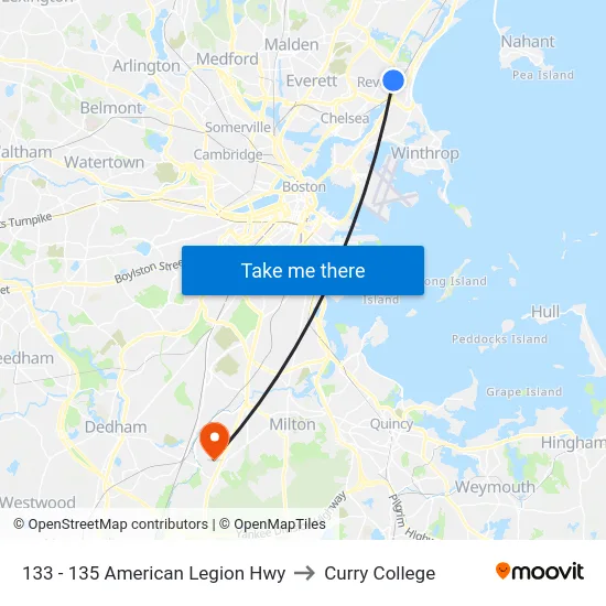 133 - 135 American Legion Hwy to Curry College map