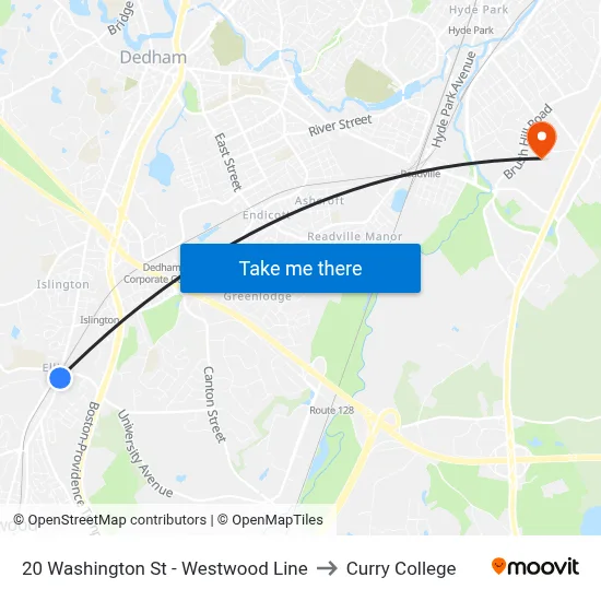 20 Washington St - Westwood Line to Curry College map