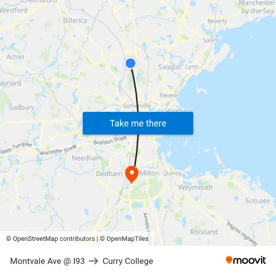 Montvale Ave @ I93 to Curry College map
