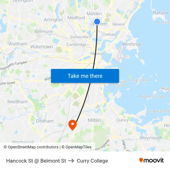Hancock St @ Belmont St to Curry College map