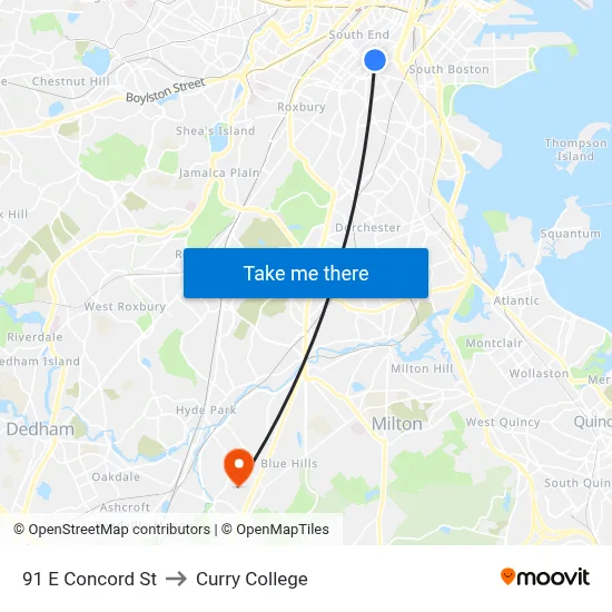 91 E Concord St to Curry College map