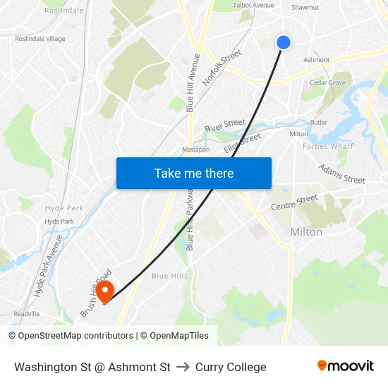 Washington St @ Ashmont St to Curry College map