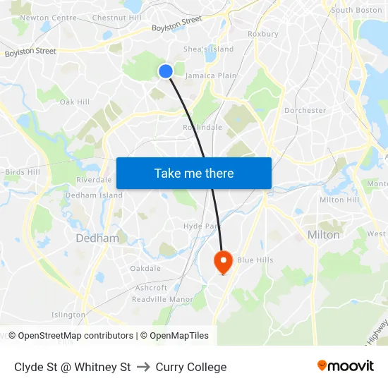 Clyde St @ Whitney St to Curry College map