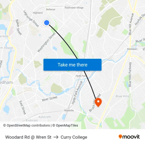 Woodard Rd @ Wren St to Curry College map