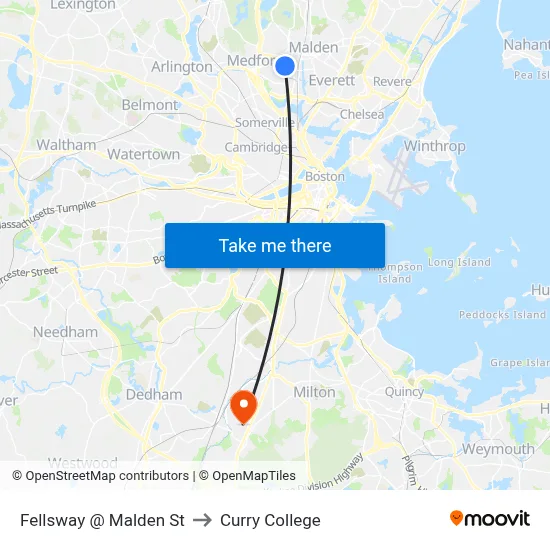 Fellsway @ Malden St to Curry College map