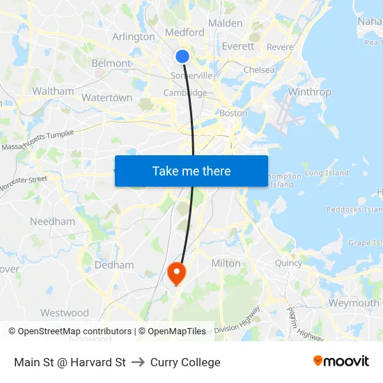 Main St @ Harvard St to Curry College map