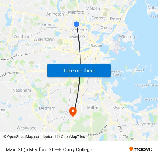 Main St @ Medford St to Curry College map