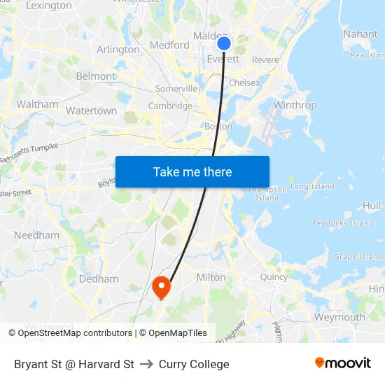 Bryant St @ Harvard St to Curry College map