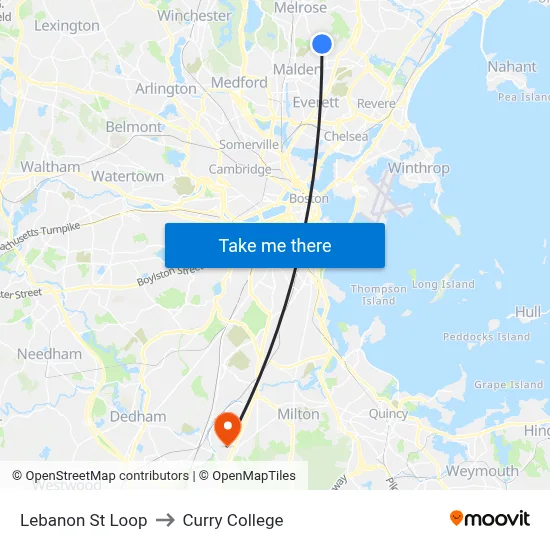 Lebanon St Loop to Curry College map