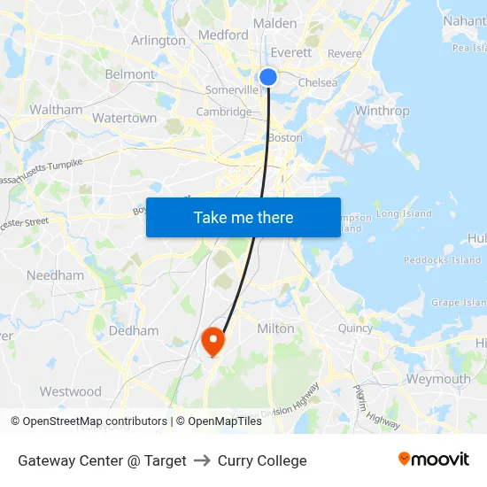 Gateway Center @ Target to Curry College map