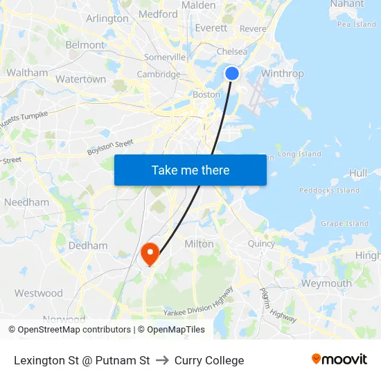 Lexington St @ Putnam St to Curry College map