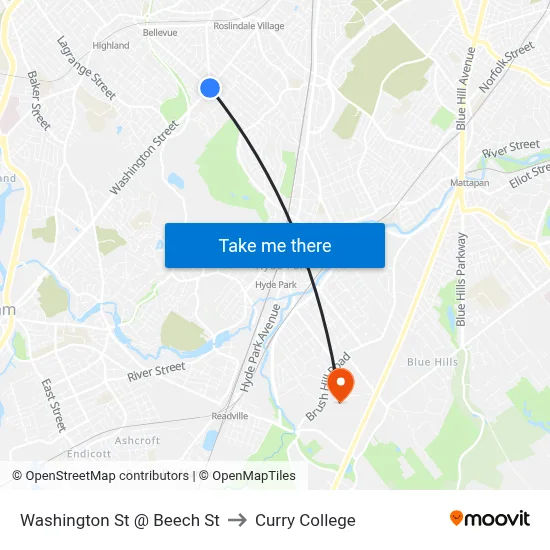 Washington St @ Beech St to Curry College map