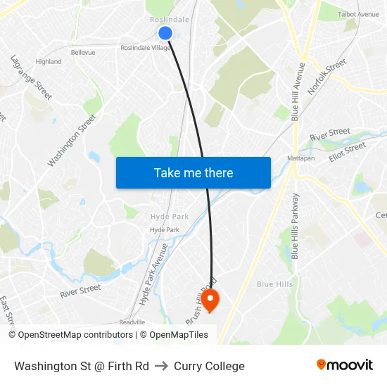 Washington St @ Firth Rd to Curry College map