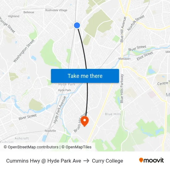 Cummins Hwy @ Hyde Park Ave to Curry College map