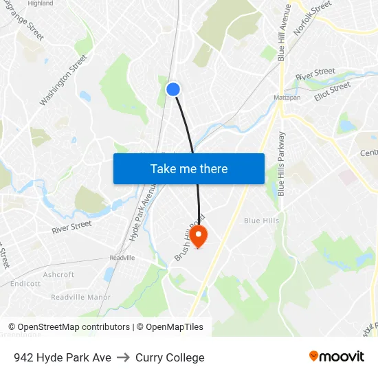 942 Hyde Park Ave to Curry College map