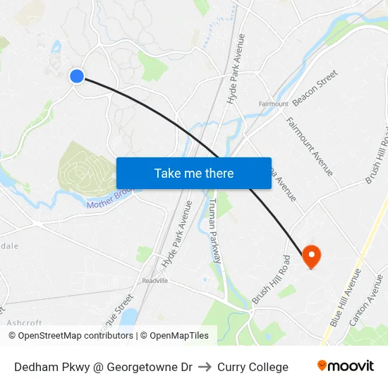 Dedham Pkwy @ Georgetowne Dr to Curry College map