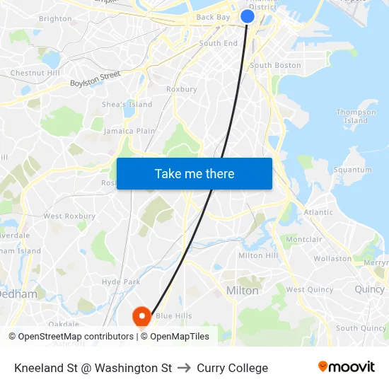 Kneeland St @ Washington St to Curry College map