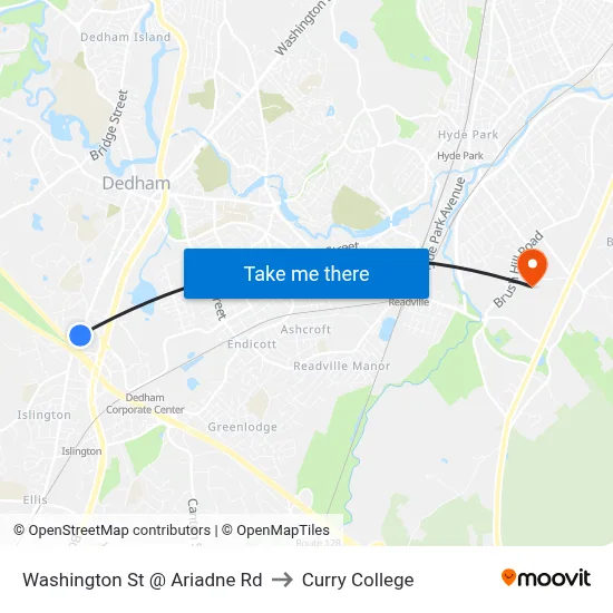 Washington St @ Ariadne Rd to Curry College map