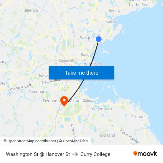 Washington St @ Hanover St to Curry College map