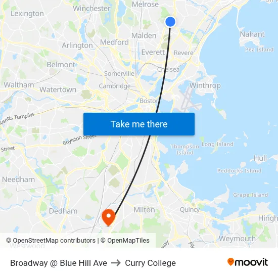 Broadway @ Blue Hill Ave to Curry College map