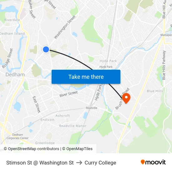 Stimson St @ Washington St to Curry College map
