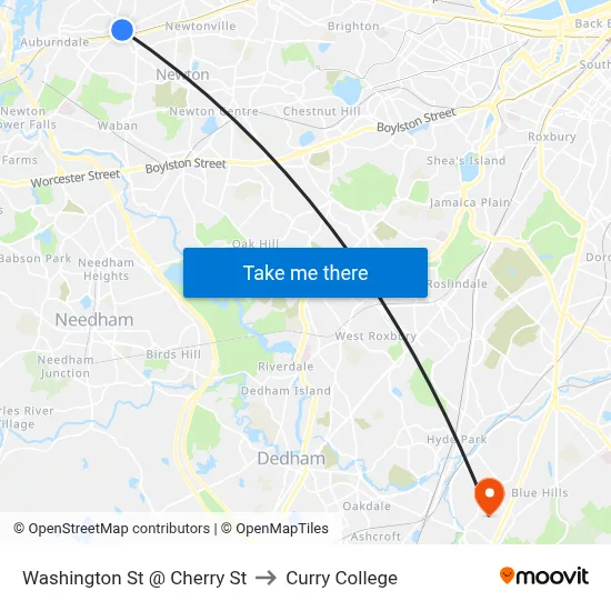 Washington St @ Cherry St to Curry College map
