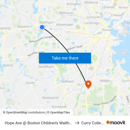 Hope Ave @ Boston Children's Waltham to Curry College map