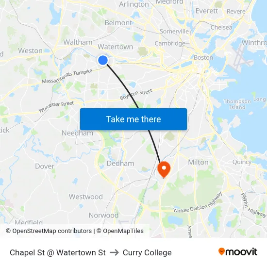 Chapel St @ Watertown St to Curry College map