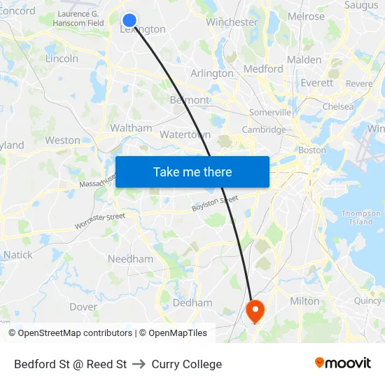 Bedford St @ Reed St to Curry College map