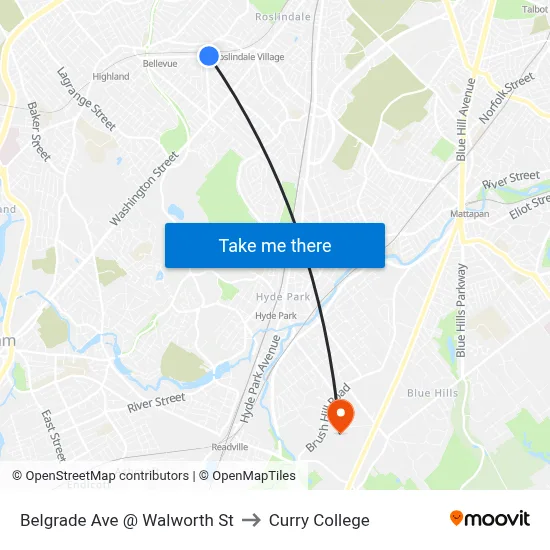 Belgrade Ave @ Walworth St to Curry College map