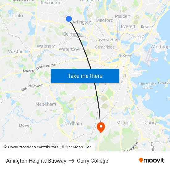 Arlington Heights Busway to Curry College map
