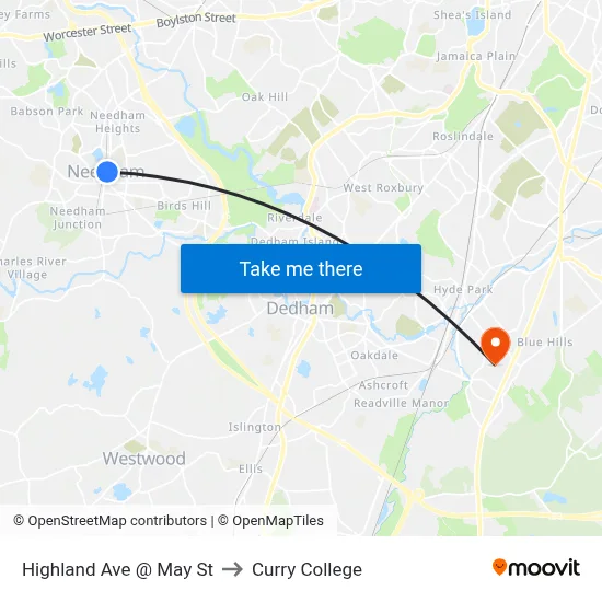 Highland Ave @ May St to Curry College map