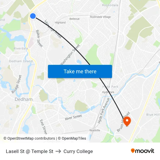 Lasell St @ Temple St to Curry College map