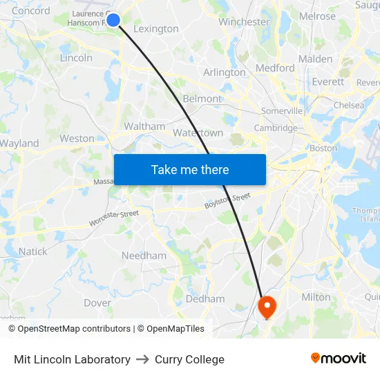 Mit Lincoln Laboratory to Curry College map