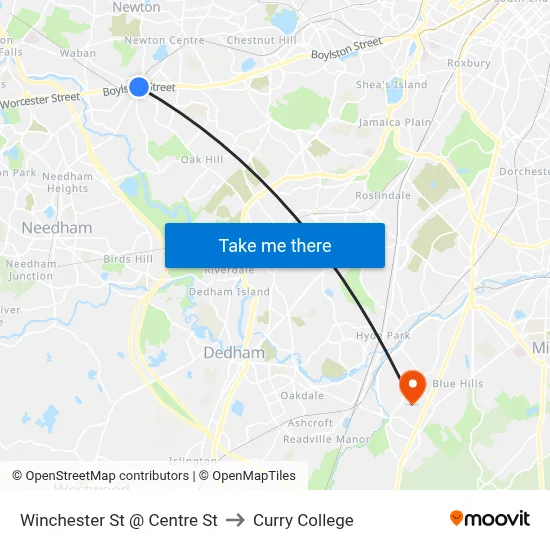 Winchester St @ Centre St to Curry College map