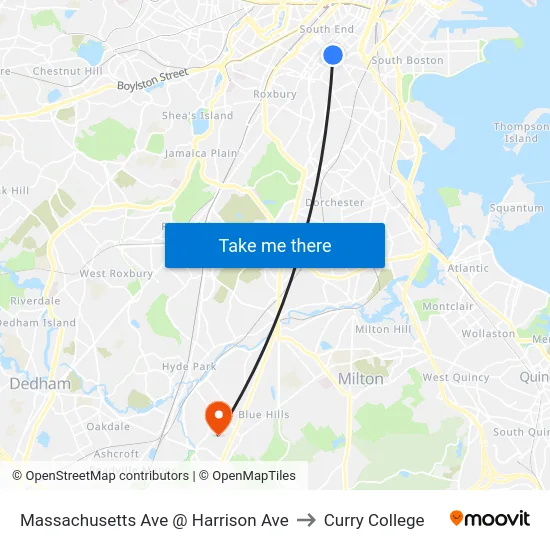 Massachusetts Ave @ Harrison Ave to Curry College map