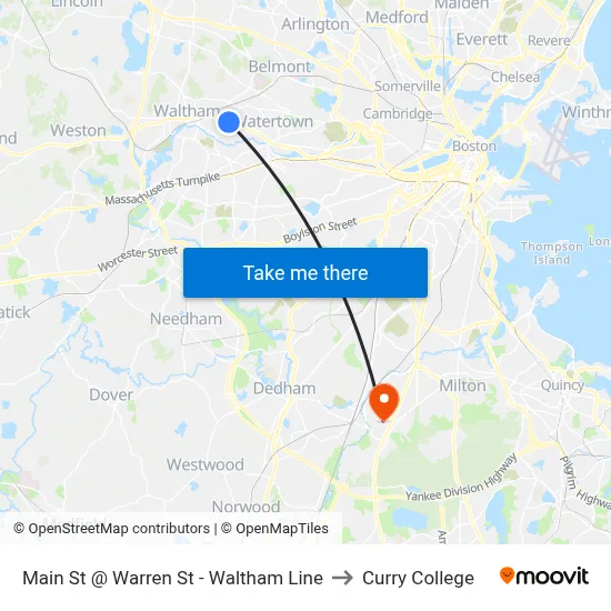 Main St @ Warren St - Waltham Line to Curry College map